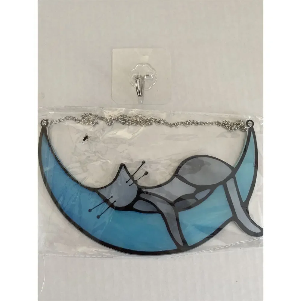 Sleeping Cat On Moon Sun Catcher, Blue Gray‎